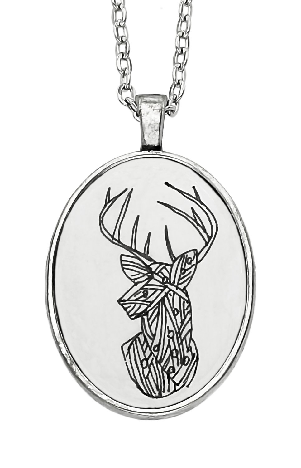 Stag Abstract Silver Plated Oval Shaped Hand drawn Chain Pendant #2