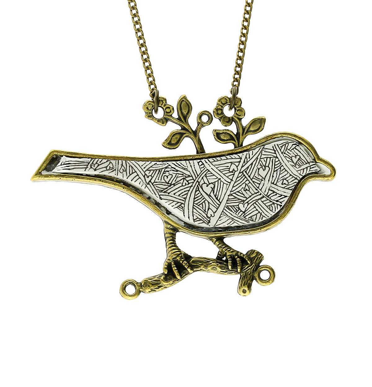 Bird Abstract Bronze Tone Antique Finish Hand drawn Chain Pendant