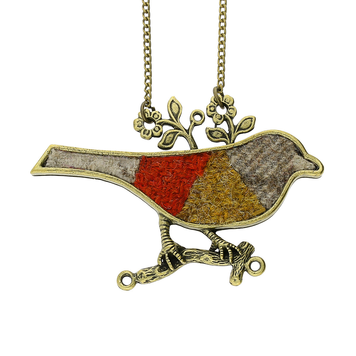 Patterned Bird Harris Tweed Hebrides Bronze Tone Chain Pendant