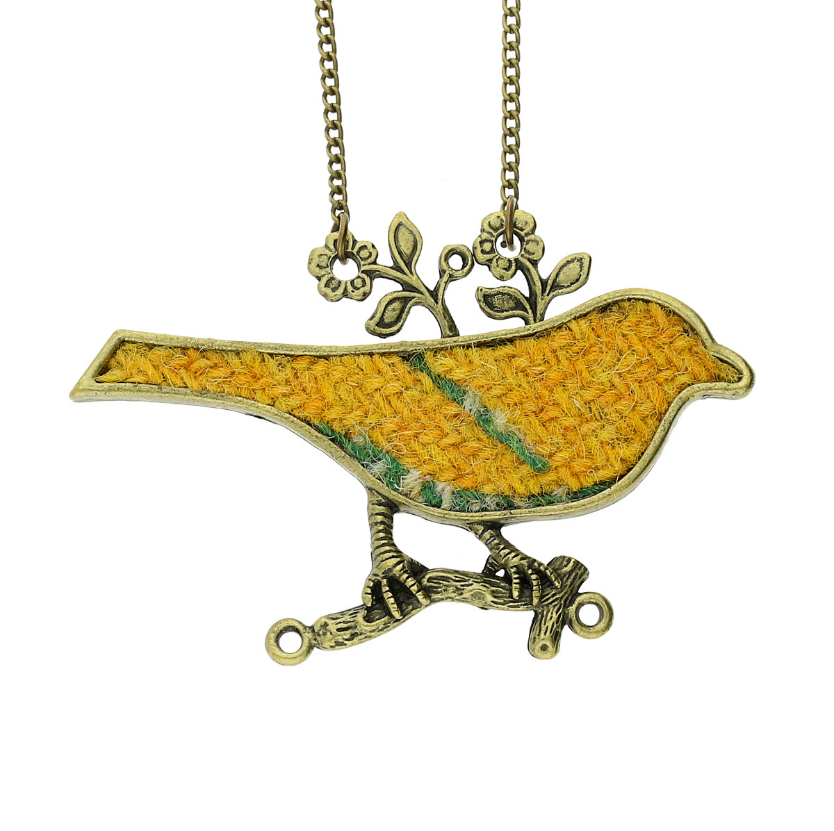 Patterned Bird Harris Tweed Hebrides Bronze Tone Chain Pendant