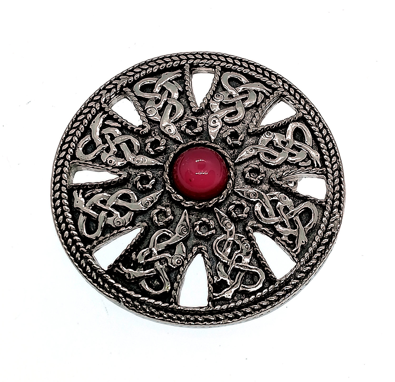 Celtic Serpents Ruby Moonstone Handmade Pewter Brooch