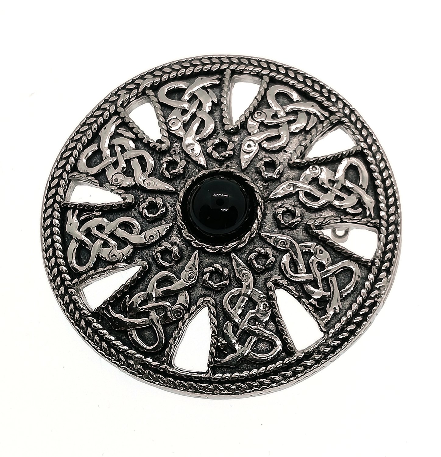 Celtic Serpents Black Onyx Gemstone Handmade Pewter Brooch