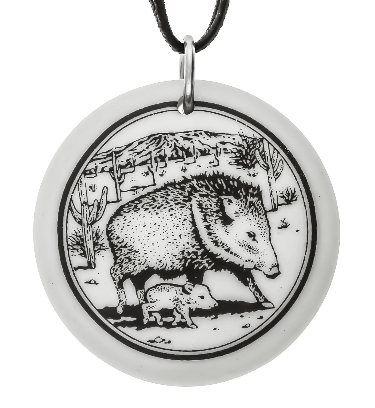 Javelina / Collared Peccary Totem Round Handmade Porcelain Pendant