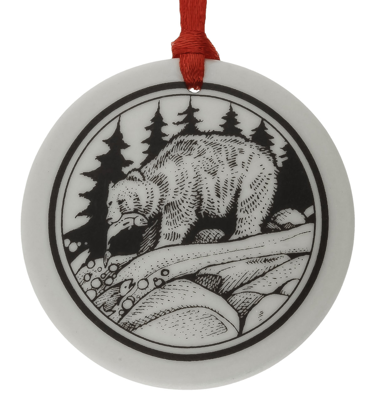 Grizzly Bear Totem Round Handmade Porcelain Christmas Ornament