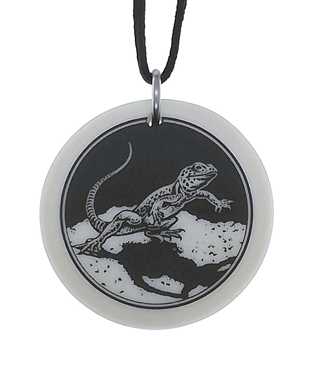 Collared Lizard Totem Round Handmade Porcelain Pendant