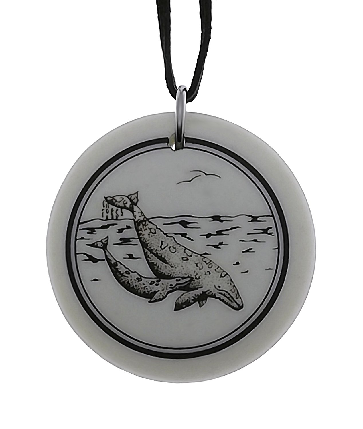 Gray Whale Totem Round Handmade Porcelain Pendant Mother Child