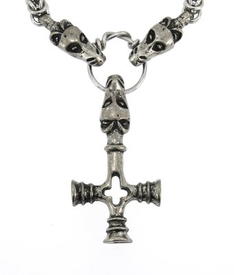 Norse Viking Wolf Dragon Head Cross Pewter Handmade Pendant Necklace
