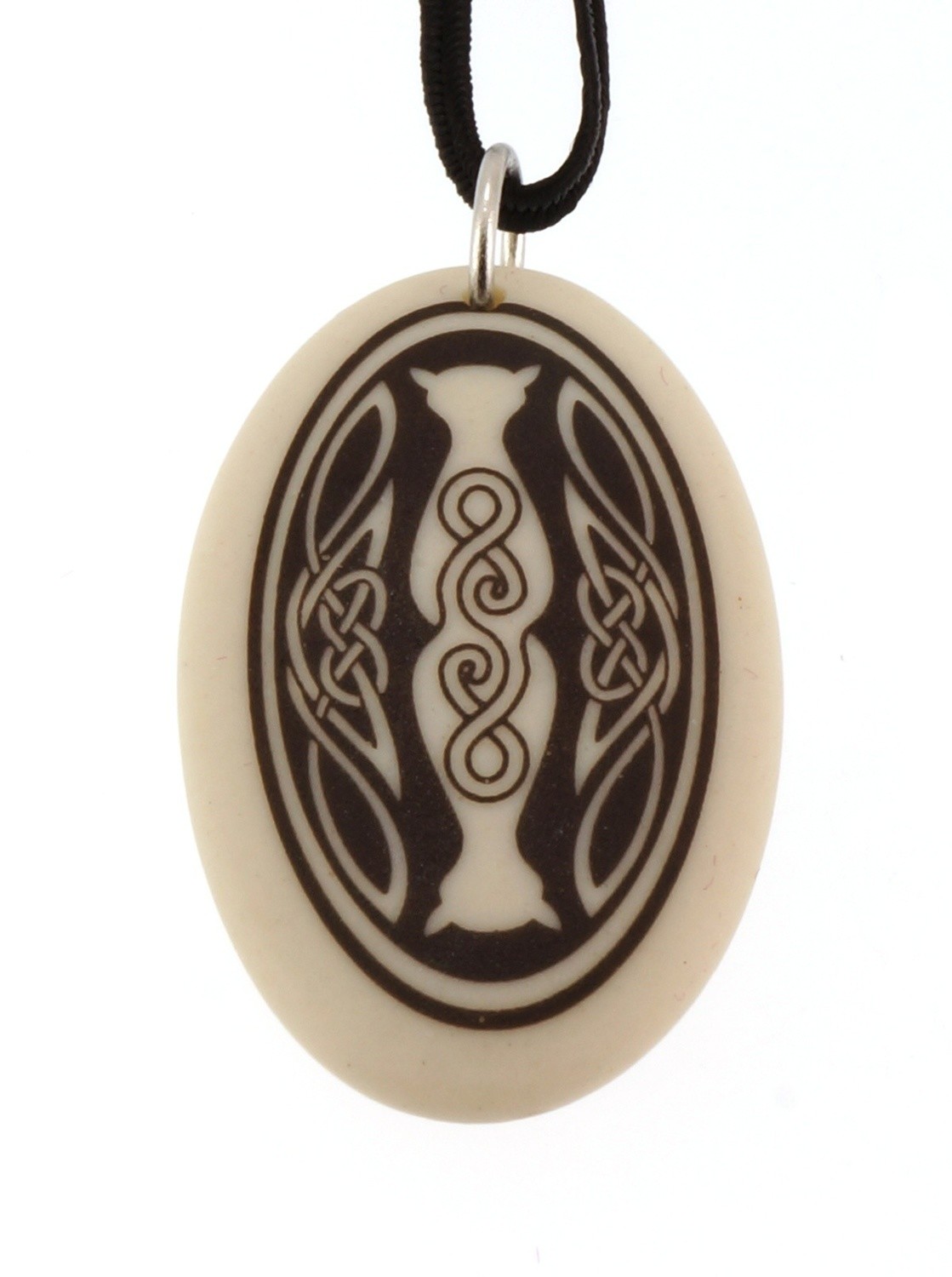 Celtic Cat Oval Handmade Porcelain Pendant