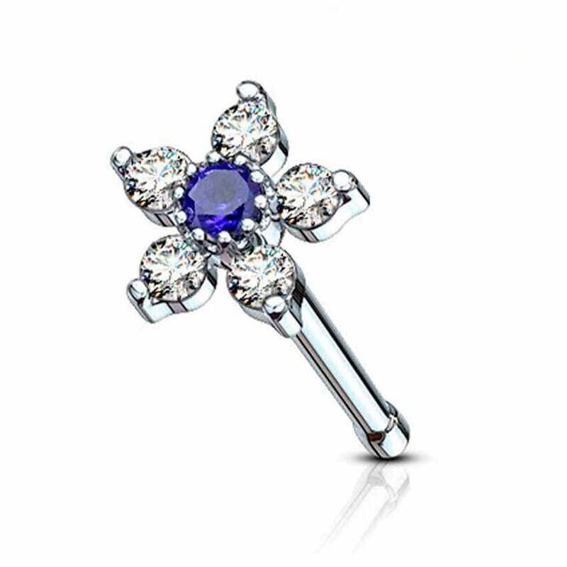 Nasenstecker gerade mit Kristallblume weiss-blau