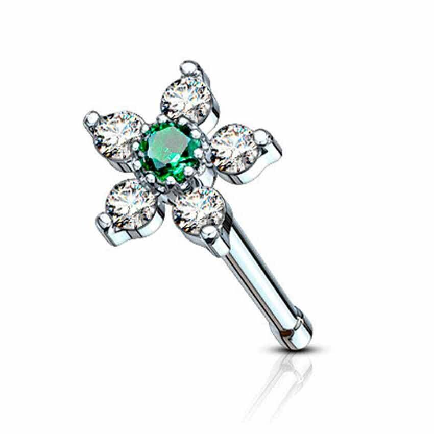 Nasenstecker gerade mit Kristallblume weiss-Smaragdgrün