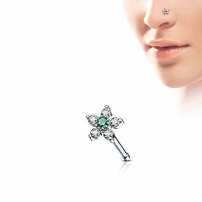 Nasenstecker gerade mit Kristallblume weiss-Smaragdgrün