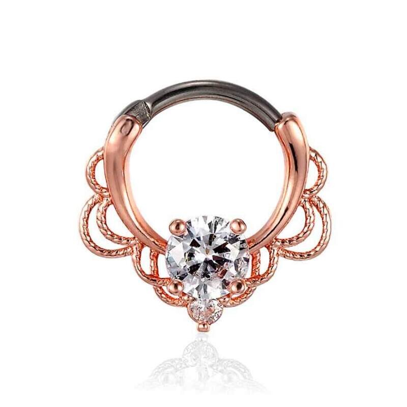Septum Ring klappbar mit einem Kristall aus Titan G23 rosegold