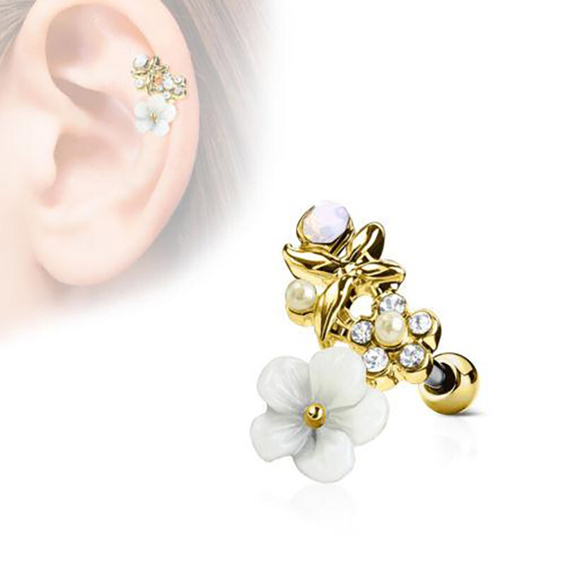 Helix Piercing mit Opalitsteine und Kristalle vergoldet