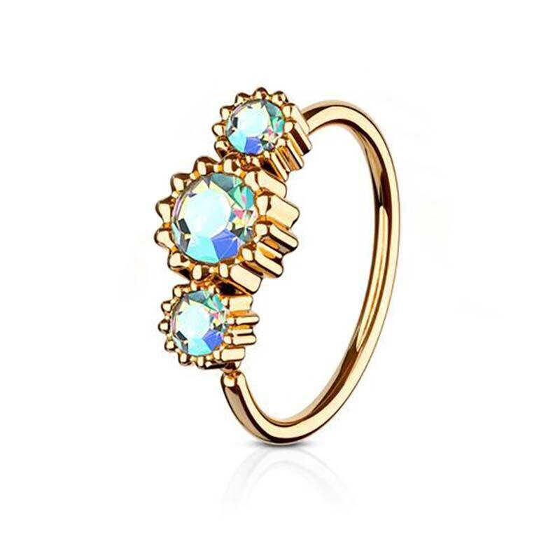 Piercing Ring mit drei Kristallen vergoldet