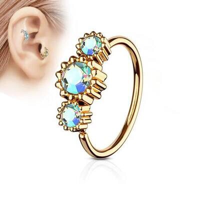 Piercing Ring mit drei Kristallen vergoldet