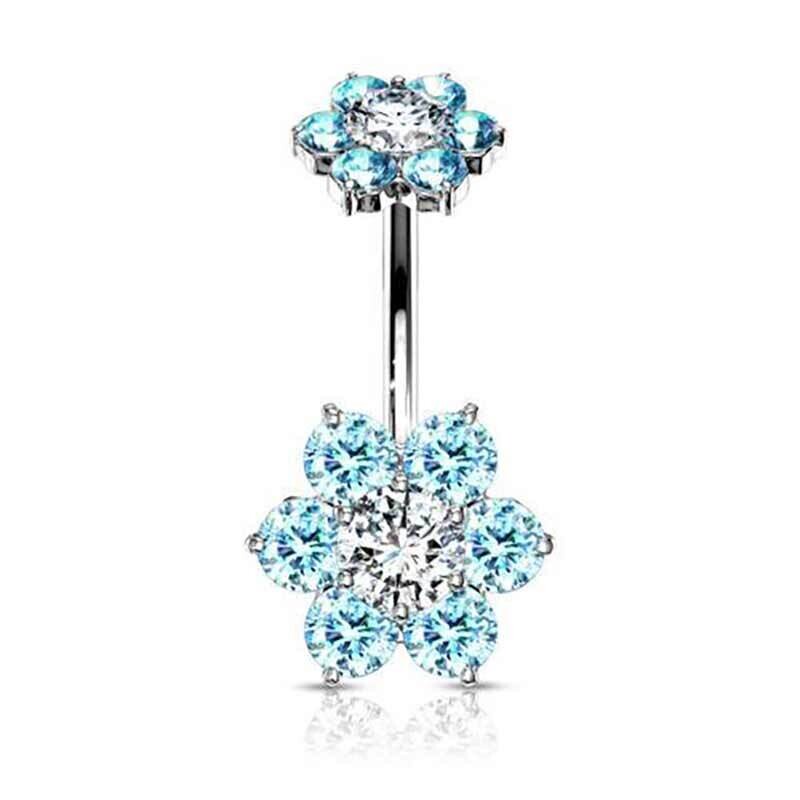 Bauchnabelpiercing mit Kristallblumen weiss-aqua