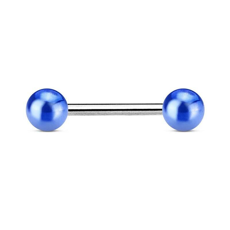 Zungenpiercing mit metallbeschichteten Kugeln blau