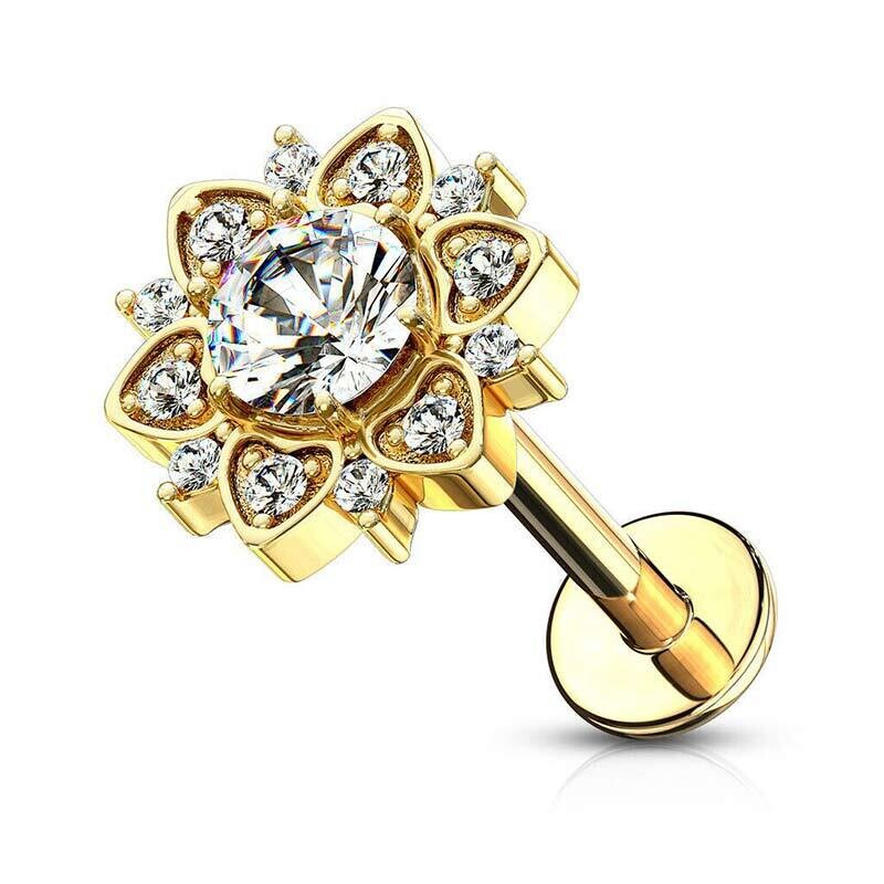 Labret mit Zirkonia Kristallblume vergoldet