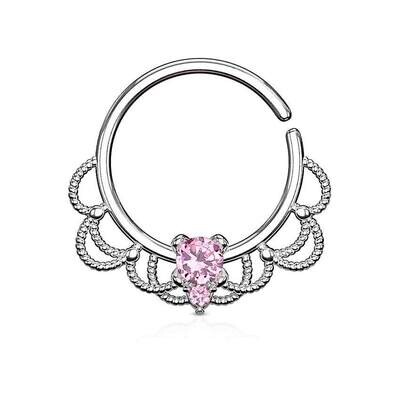 Septum Ring mit filigran und Kristall silber-pink
