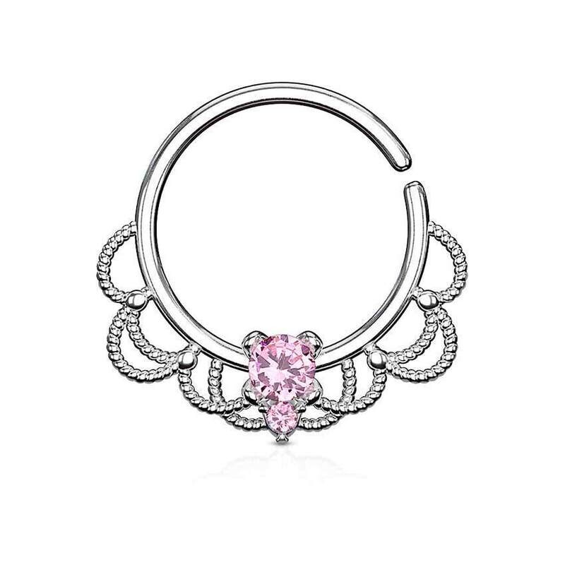 Septum Ring mit filigran und Kristall silber-pink