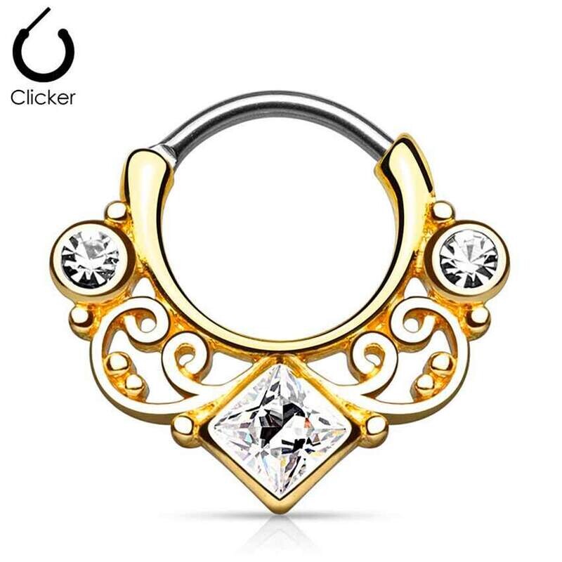 Septum aus Titan G23 mit Tribal und drei Kristallen vergoldet