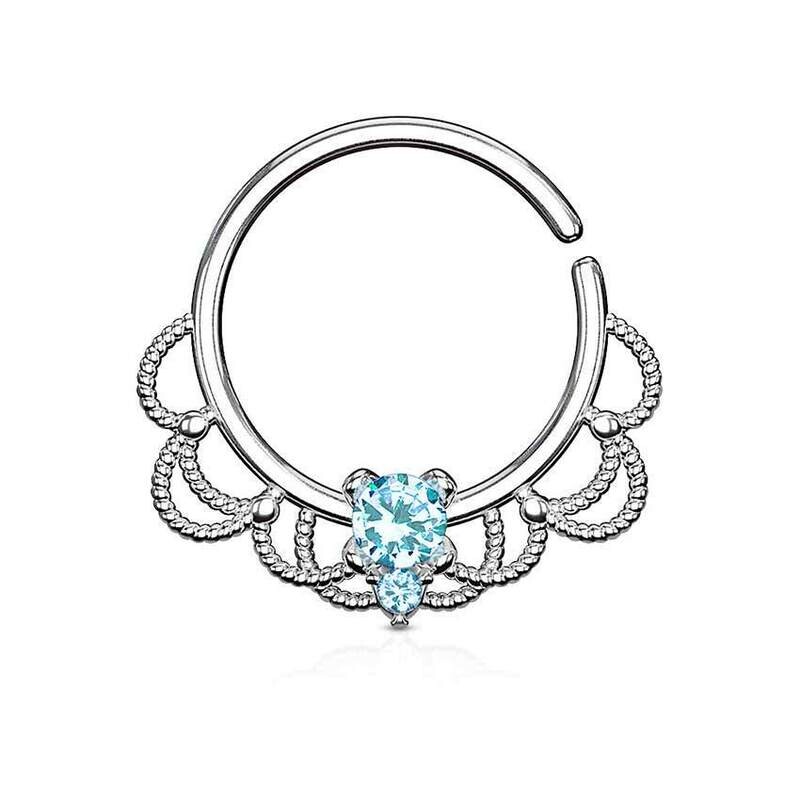 Septum Ring mit filigran und Kristall silber-aqua