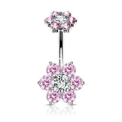 Bauchnabelpiercing mit Kristallblumen pink
