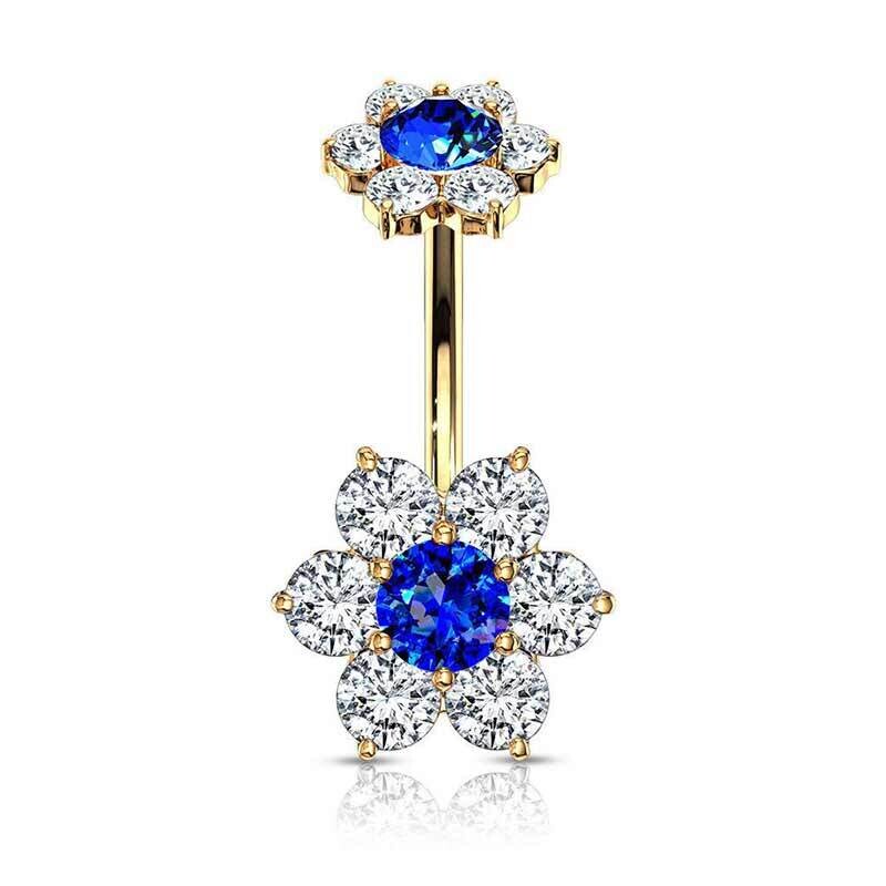 Bauchnabelpiercing mit Kristallblumen blau