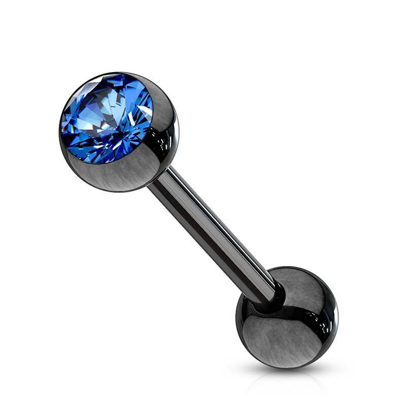 Zungenpiercing aus Titan schwarz mit Kristall blau