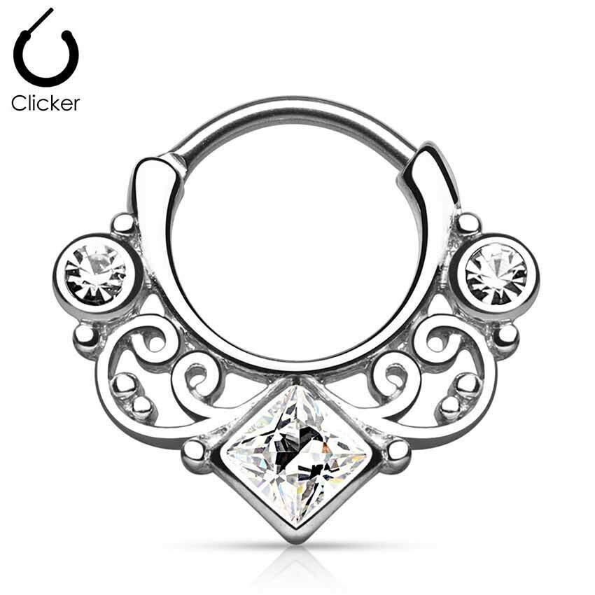 Septum aus Titan G23 mit Tribal und drei Kristallen silber