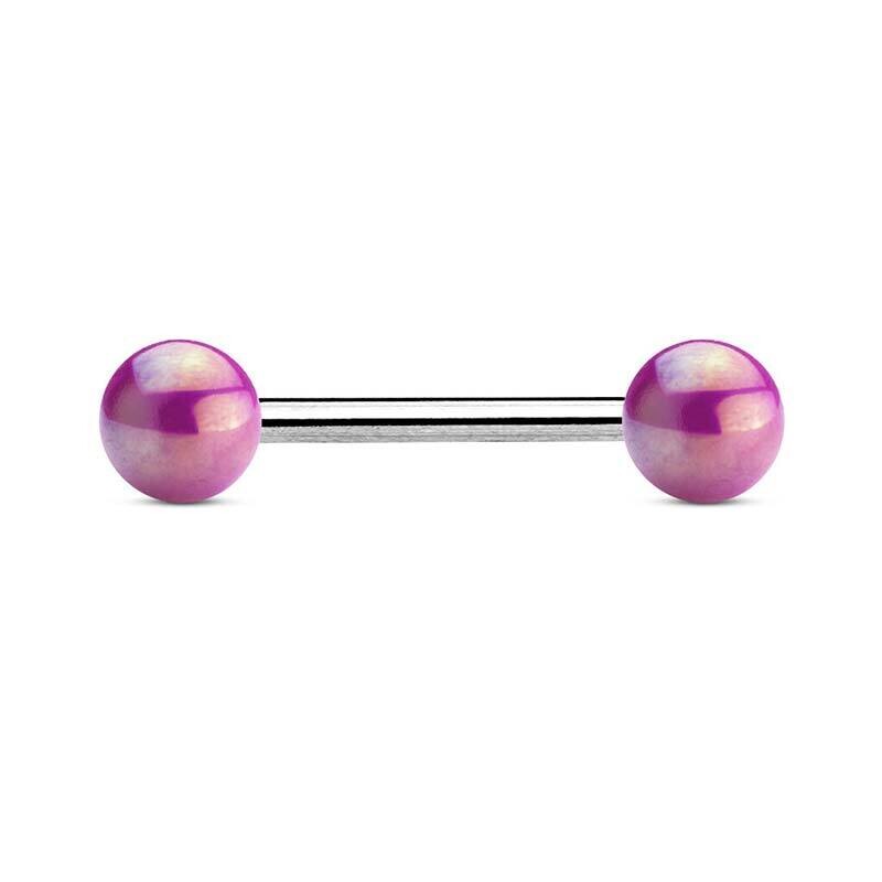 Zungenpiercing mit metallbeschichteten Kugeln violett