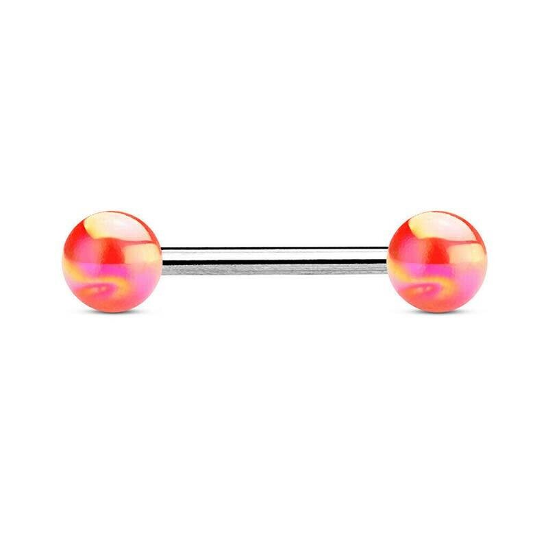 Zungenpiercing mit metallbeschichteten Kugeln rot