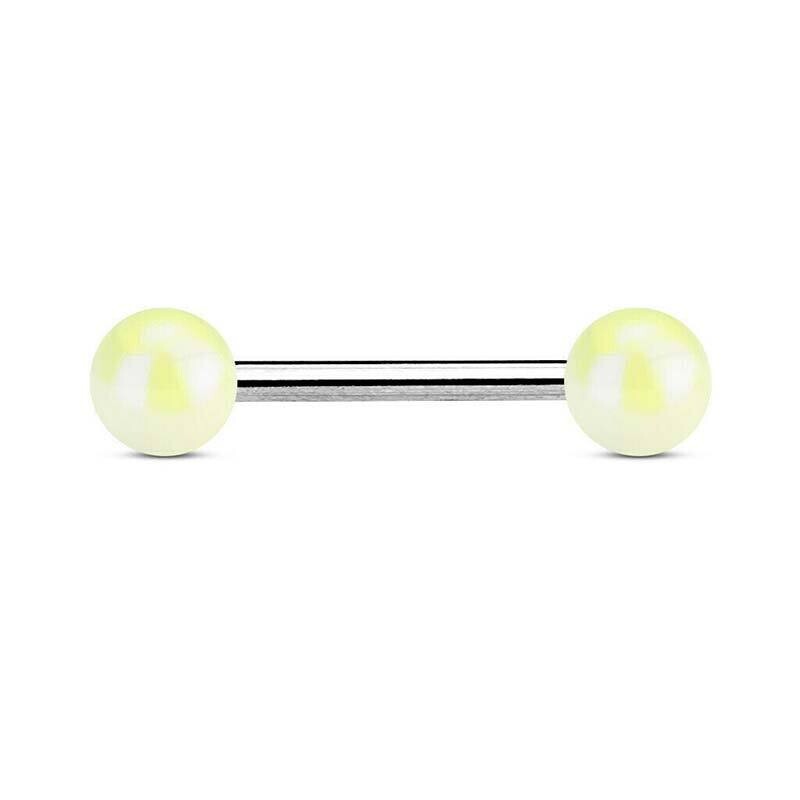 Zungenpiercing mit metallbeschichteten Kugeln weiss