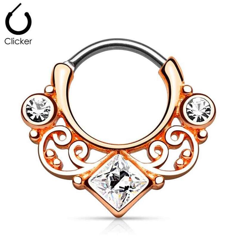 Septum aus Titan G23 mit Tribal und drei Kristallen rosegold