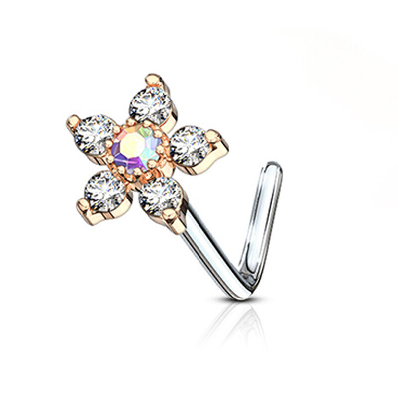 Nasenstecker gebogen mit Blume und Kristallen weiss-rosegold