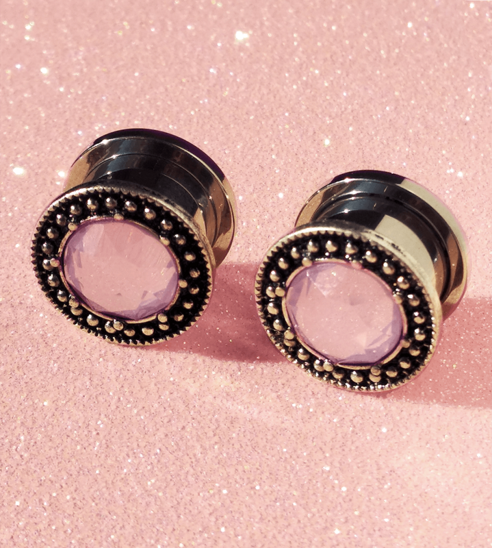 Flesh Plug mit Schraubgewinde und Steinkristall pink