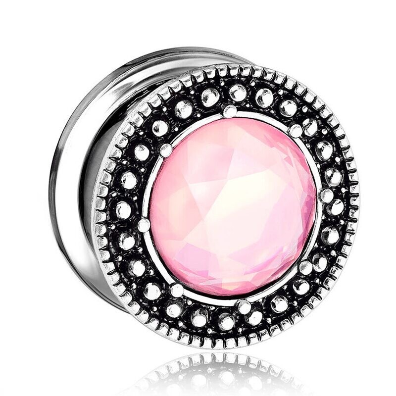 Flesh Plug mit Schraubgewinde und Steinkristall pink