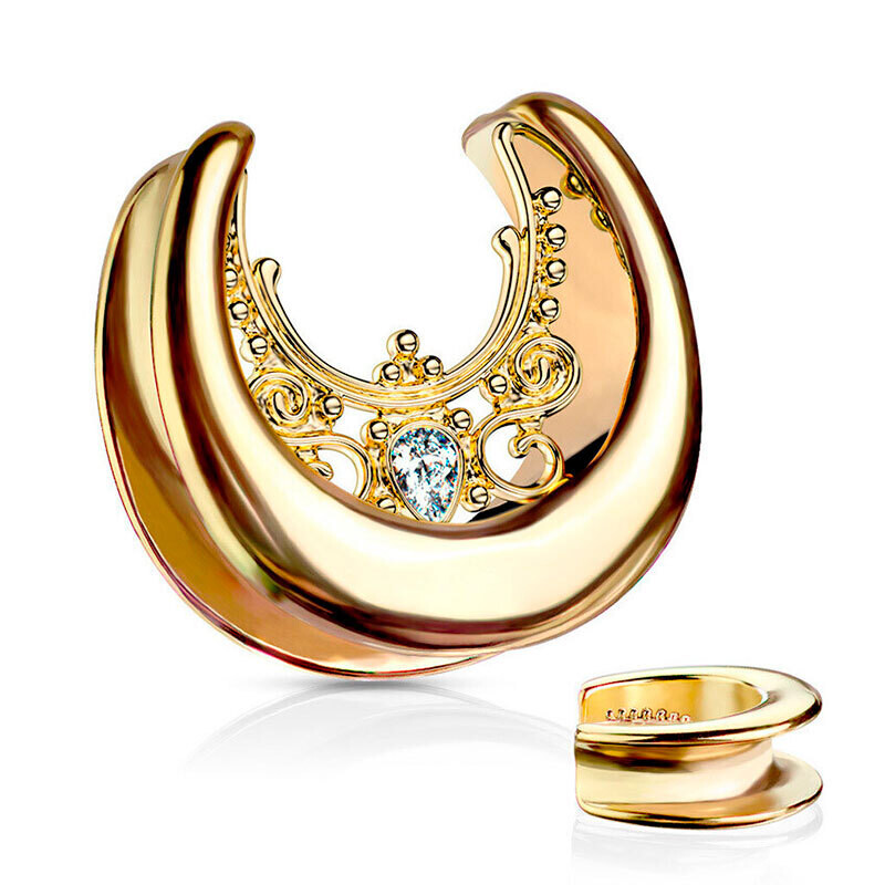 Sattel Flesh Tunnel Filigran und Kristall gold
