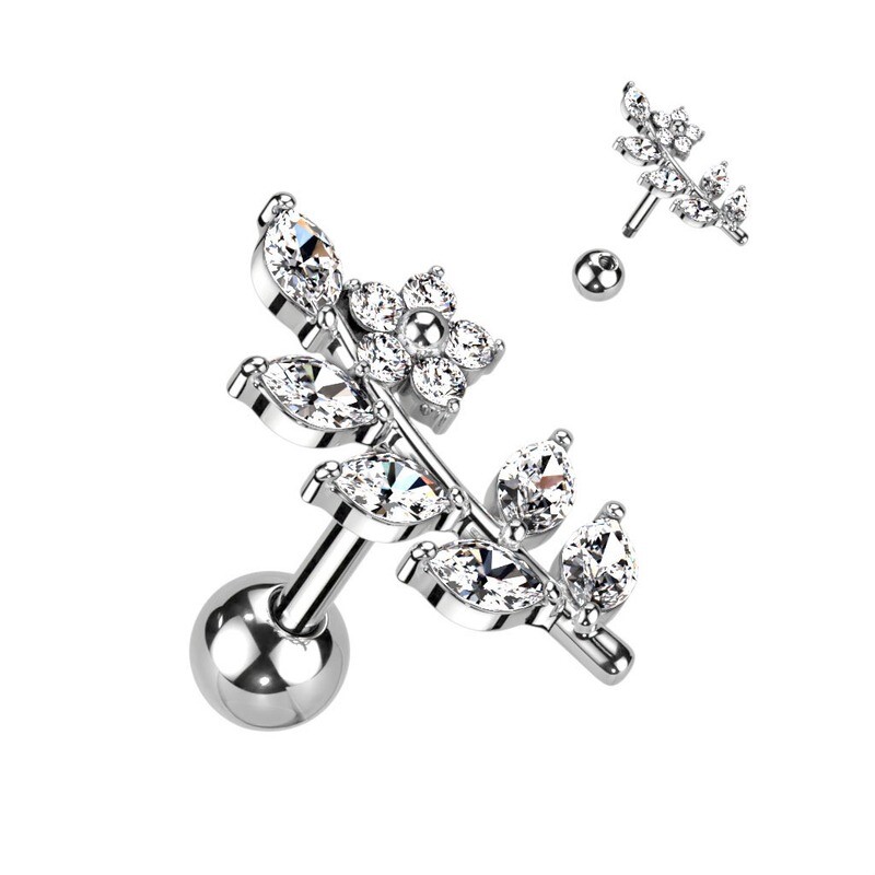 Barbell mit Kristallblatt silber