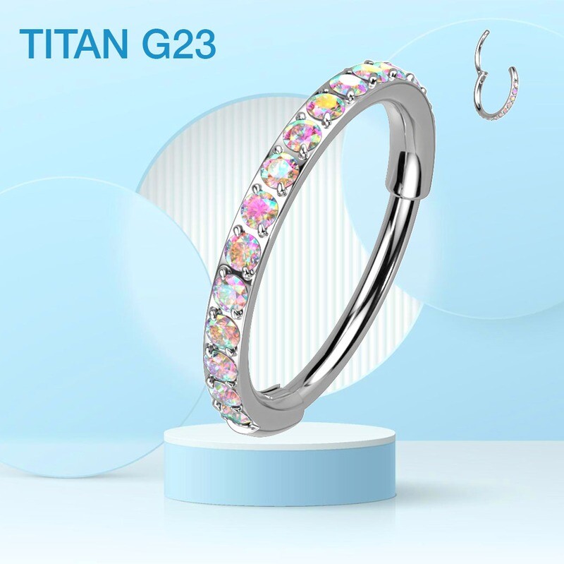 Piercing Ring aus Titan G23 mit Kristallbogen Aurora Borealis