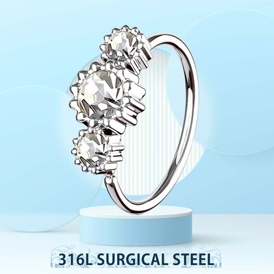 Piercing Ring mit drei Kristallen silber-weiss