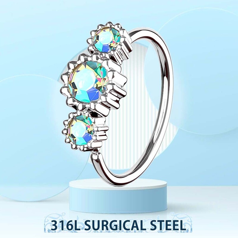 Piercing Ring mit drei Kristallen Aurora Borealis