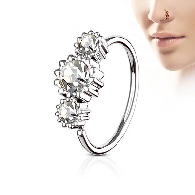 Piercing Ring mit drei Kristallen silber-weiss