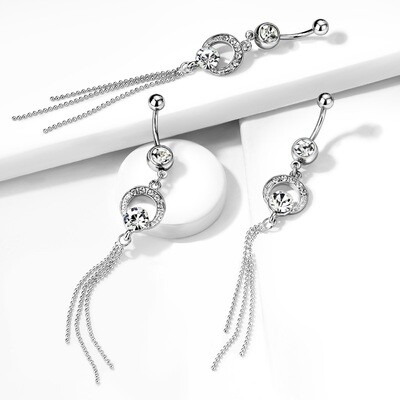 Bauchnabelpiercing mit Halbmond, Zirkonia und langer Kette