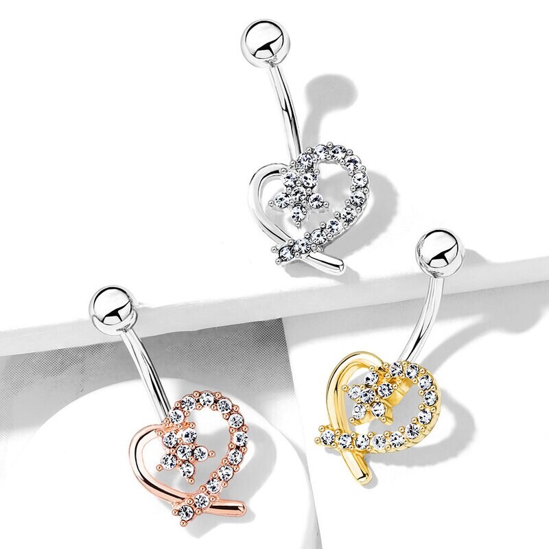 Piercing au nombril cœur et fleur plaqué or rose