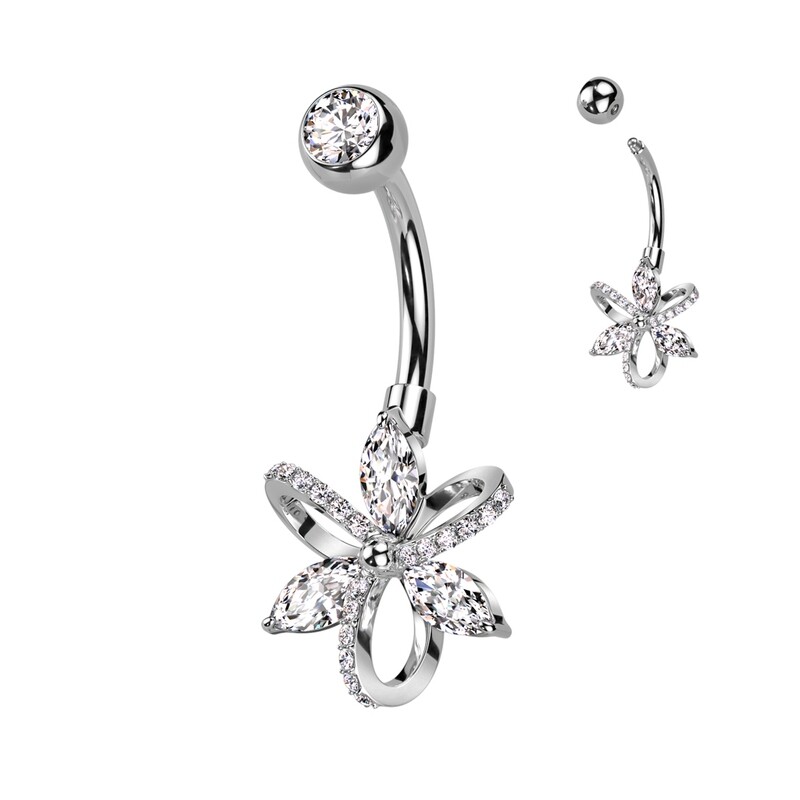 Piercing au nombril avec nœud et fleur argenté