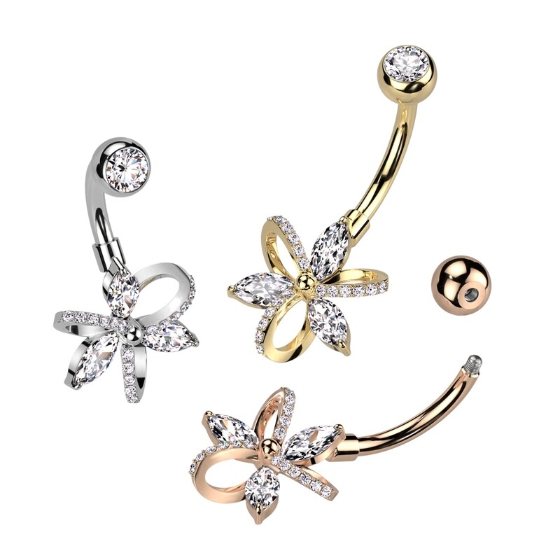 Bauchnabelpiercing Schleife und Blume vergoldet