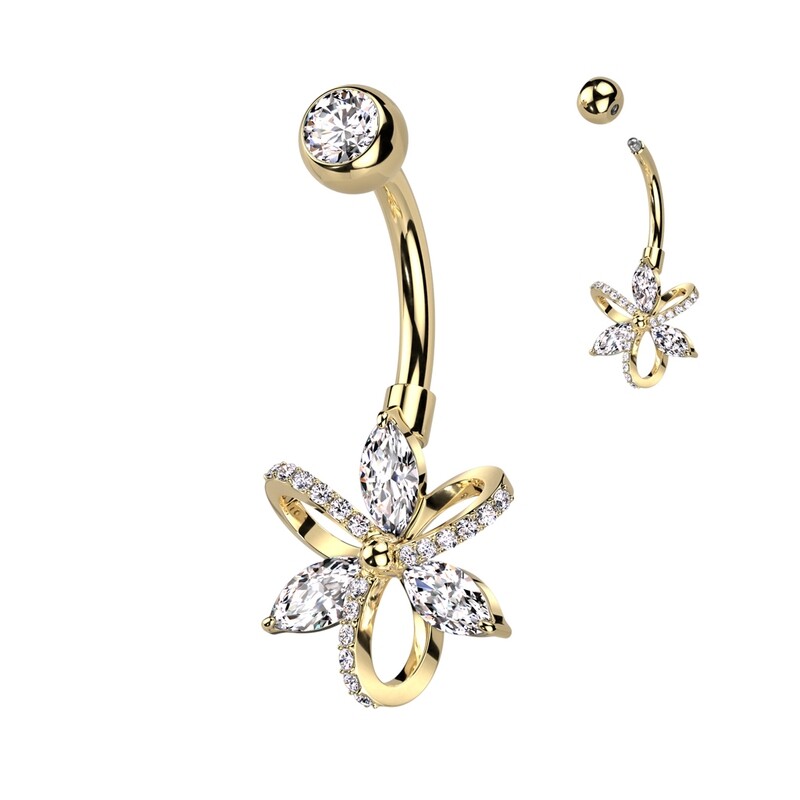 Piercing au nombril avec nœud et fleur doré