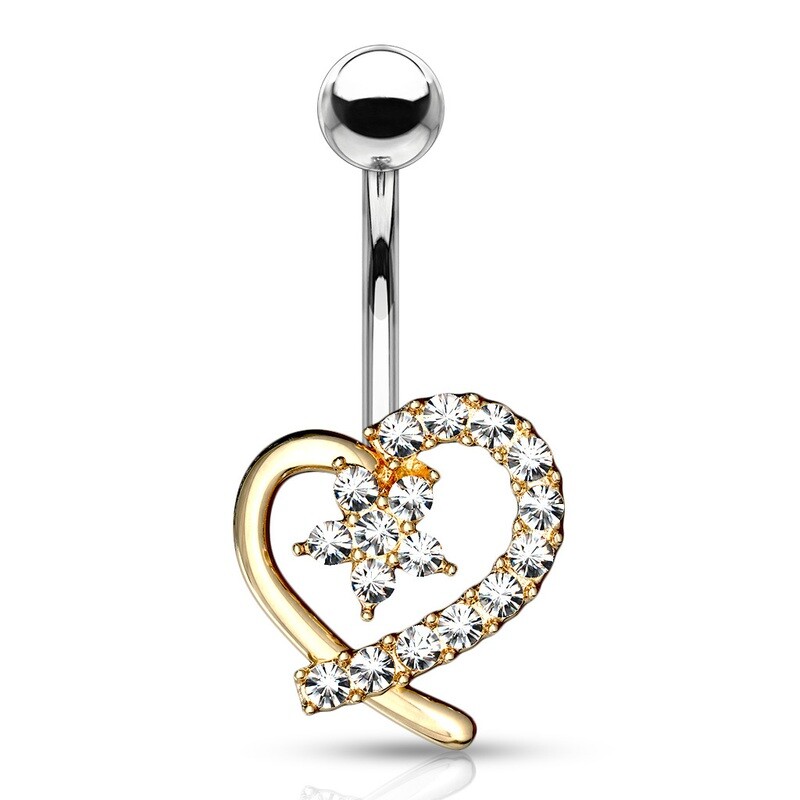 Piercing au nombril cœur et fleur plaqué or