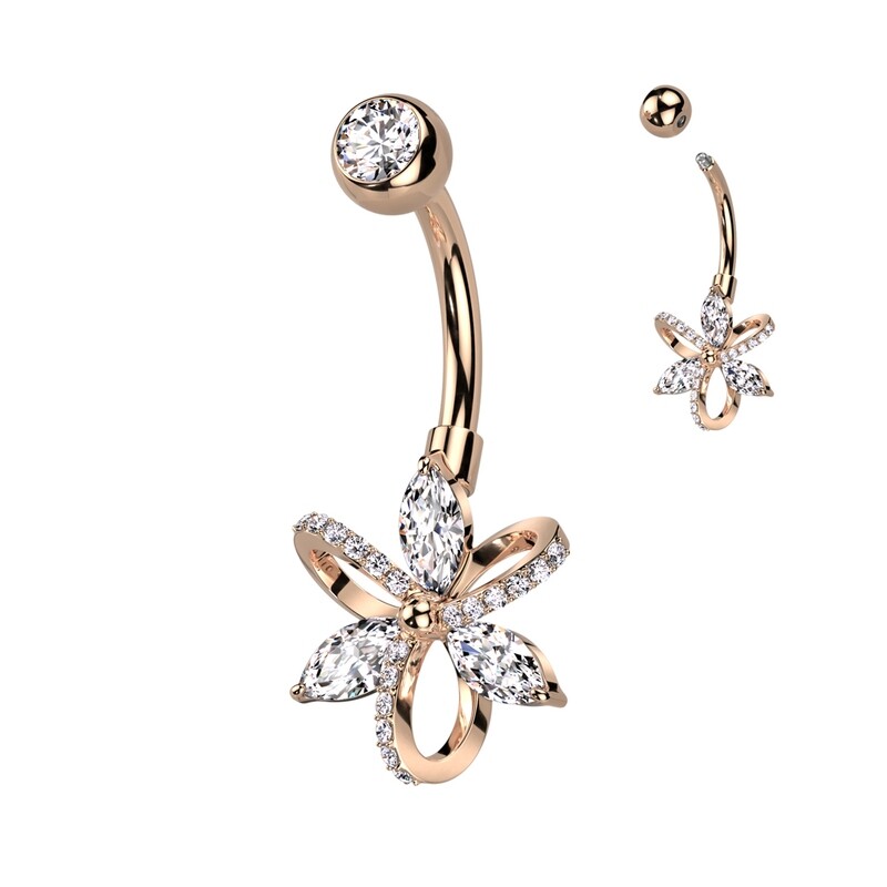 Piercing au nombril avec nœud et fleur or rose
